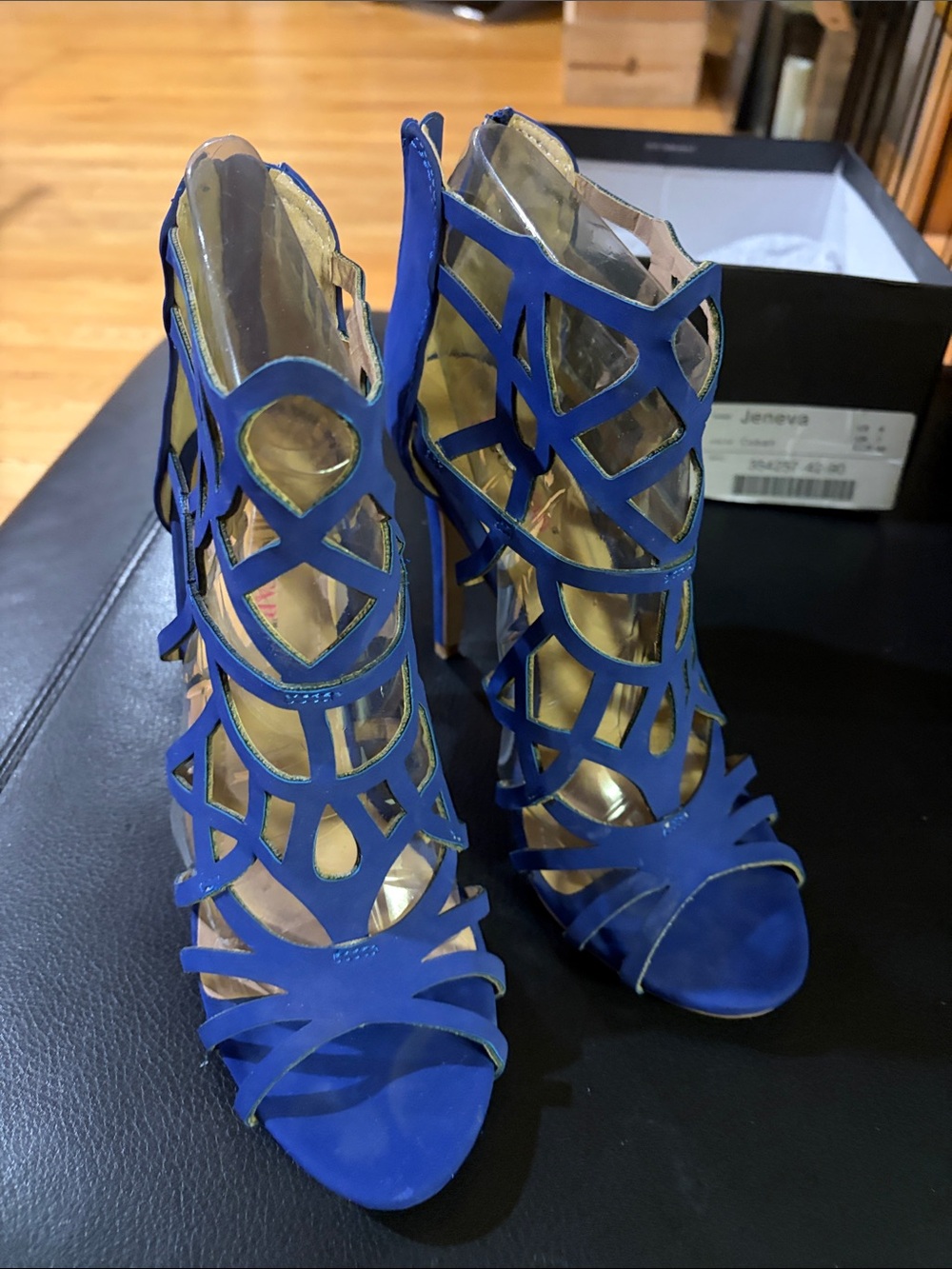 JustFab Royal Blue Laser-Cut Stiletto Sandals